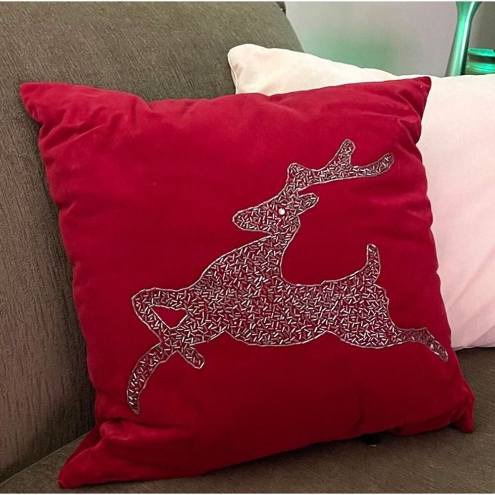 Red Throw Pillow With Silver Reindeer Design By Pier 1 Imports
